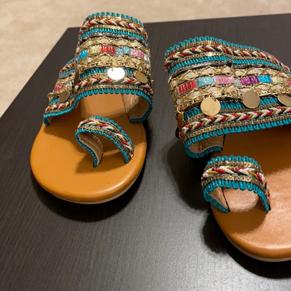 NEW Colorful raised beads and chains summer fun slip-ons. Indian look